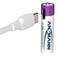 Egy Li-Ion akkumulátor USB-C töltőcsatlakozóval mellette, 'ANSMANN' felirattal ellátva.
