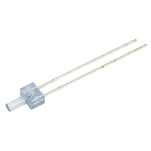 Egy kék kétlábú LED-dióda átlátszó házzal és hosszú, ezüst lábakkal fehér háttér előtt.