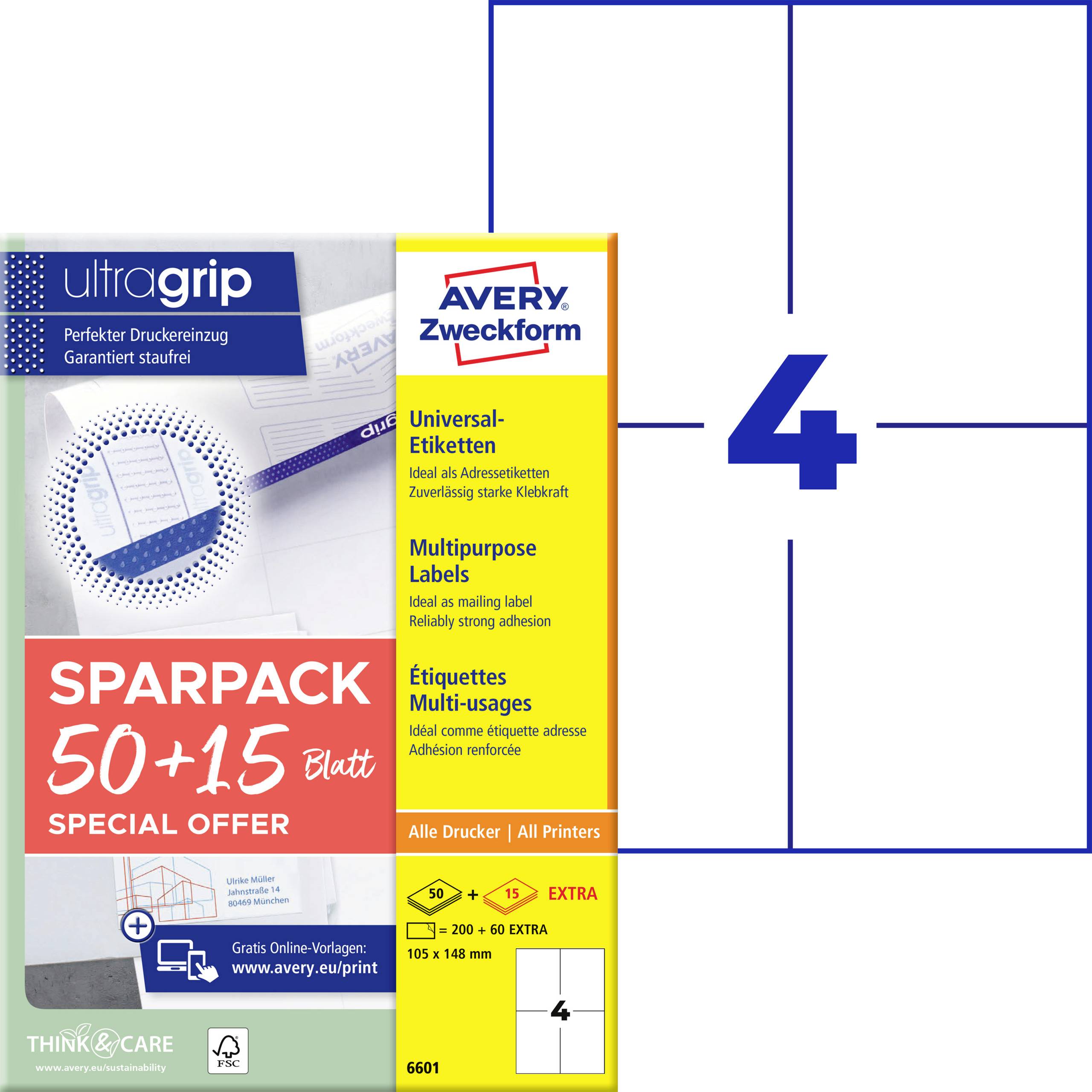 'UltraGrip' univerzális címkeszett, 50+15 lap minden nyomtatóhoz, méret 105 x 148 mm, Avery Zweckform 6601.