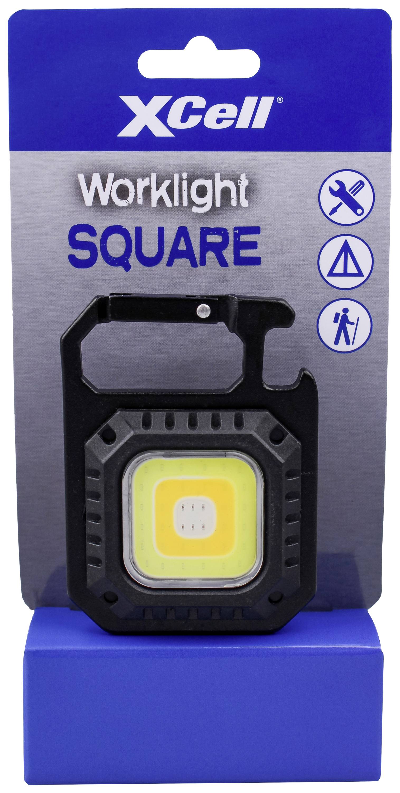 Fekete, négyzet alakú munkalámpa a XCell-től kék csomagoláson. Szöveg: 'Worklight SQUARE'. Szimbólumok: Szerszámok, sátor, személy.