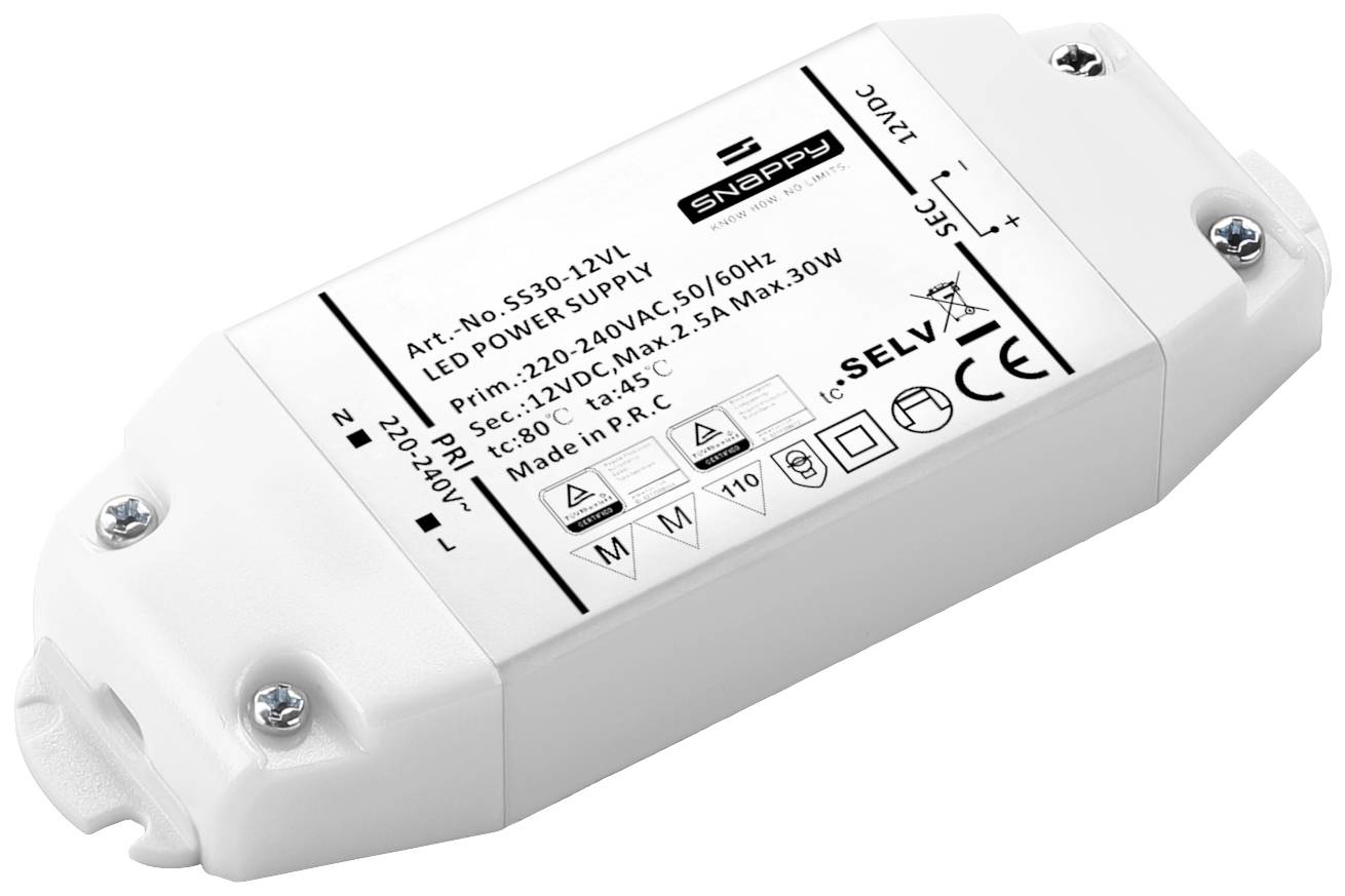 LED-tápegység, '5530-12V' modell, bemenet 220-240V, kimenet 12VDC, teljesítmény 30W. Házán csavaros rögzítéssel.