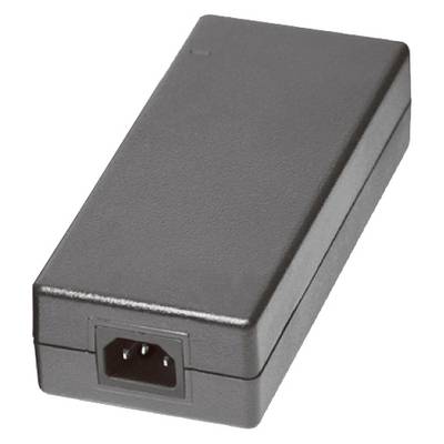 Fekete hálózati tápegység háromtűs csatlakozóval, amelyet jellemzően elektronikai eszközökhöz használnak.