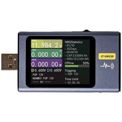 Digitális mérőkészülék USB-csatlakozóval, amely mutatja a feszültséget, áramot és energiafogyasztást. Képernyőn statisztikák és töltöttségi állapot.