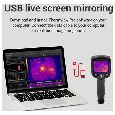 USB élő képernyő tükrözési diagram, amely egy laptopra telepített Thermview Pro szoftvert mutat, amely adatkábellel csatlakozik egy termikus kamerához valós idejű képvetítéshez.