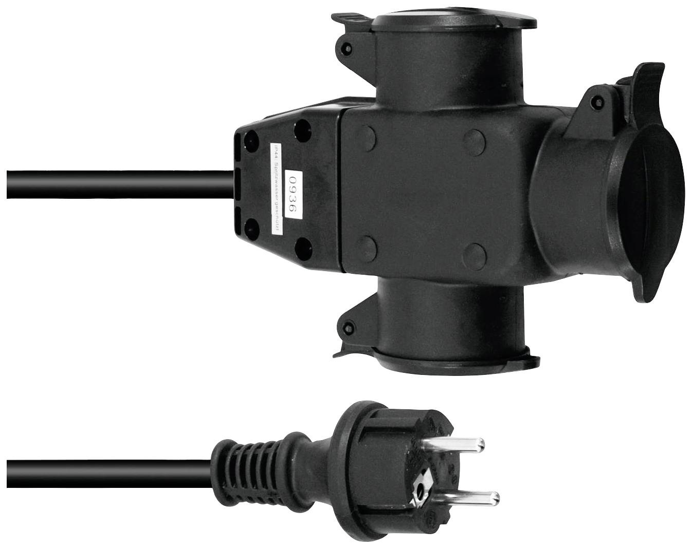 Fekete T-adapter hosszabbító kábel három csatlakozóaljzattal és egy Schuko-dugvillával, beltéri használatra alkalmas.