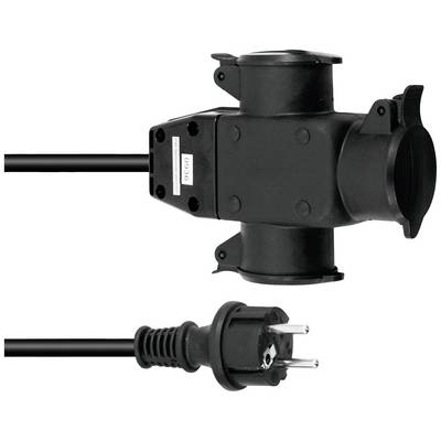 Fekete T-adapter hosszabbító kábel három csatlakozóaljzattal és egy Schuko-dugvillával, beltéri használatra alkalmas.