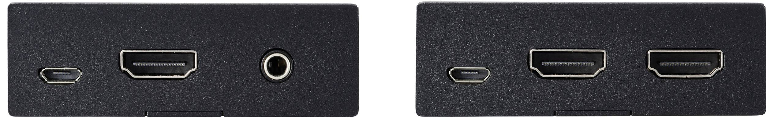 Egy eszköz oldalának két nézete két HDMI-csatlakozót, egy DisplayPort-ot és egy audiobemenetet mutat.