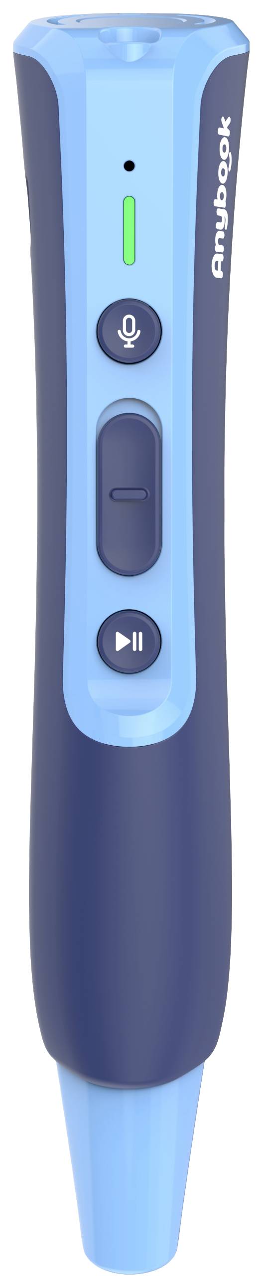 Egy kék elektronikus eszköz mikrofonos gombbal, lejátszás/szünet gombbal és zöld fényjelzővel, valószínűleg egy hangos ceruza.
