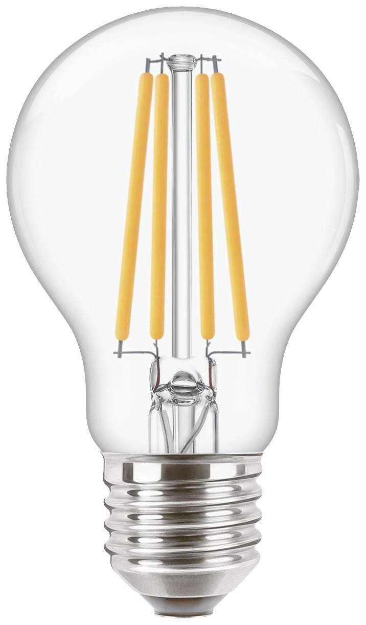 Látható szálakkal rendelkező izzólámpa, amelyet egy átlátszó üveg burkol; modern, energiatakarékos LED-stílus.
