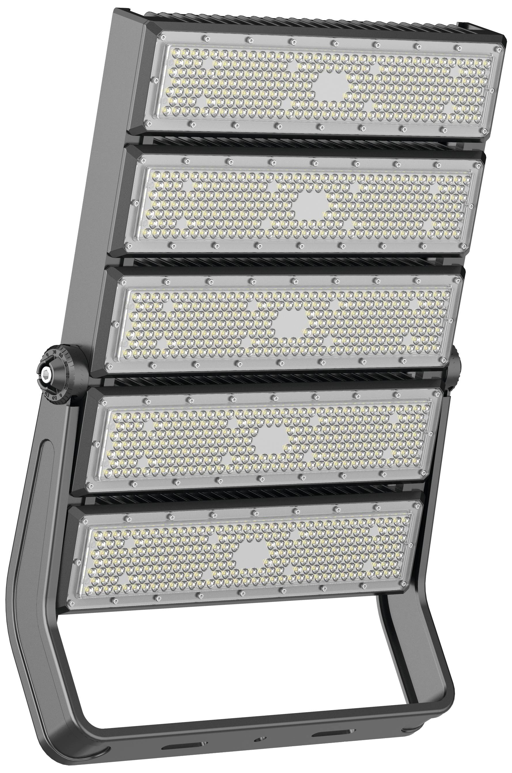 Egy LED-reflektor öt téglalap alakú, egymás fölött elhelyezkedő fénymodullal, stabil keretben. Tökéletes nagy területek megvilágítására.
