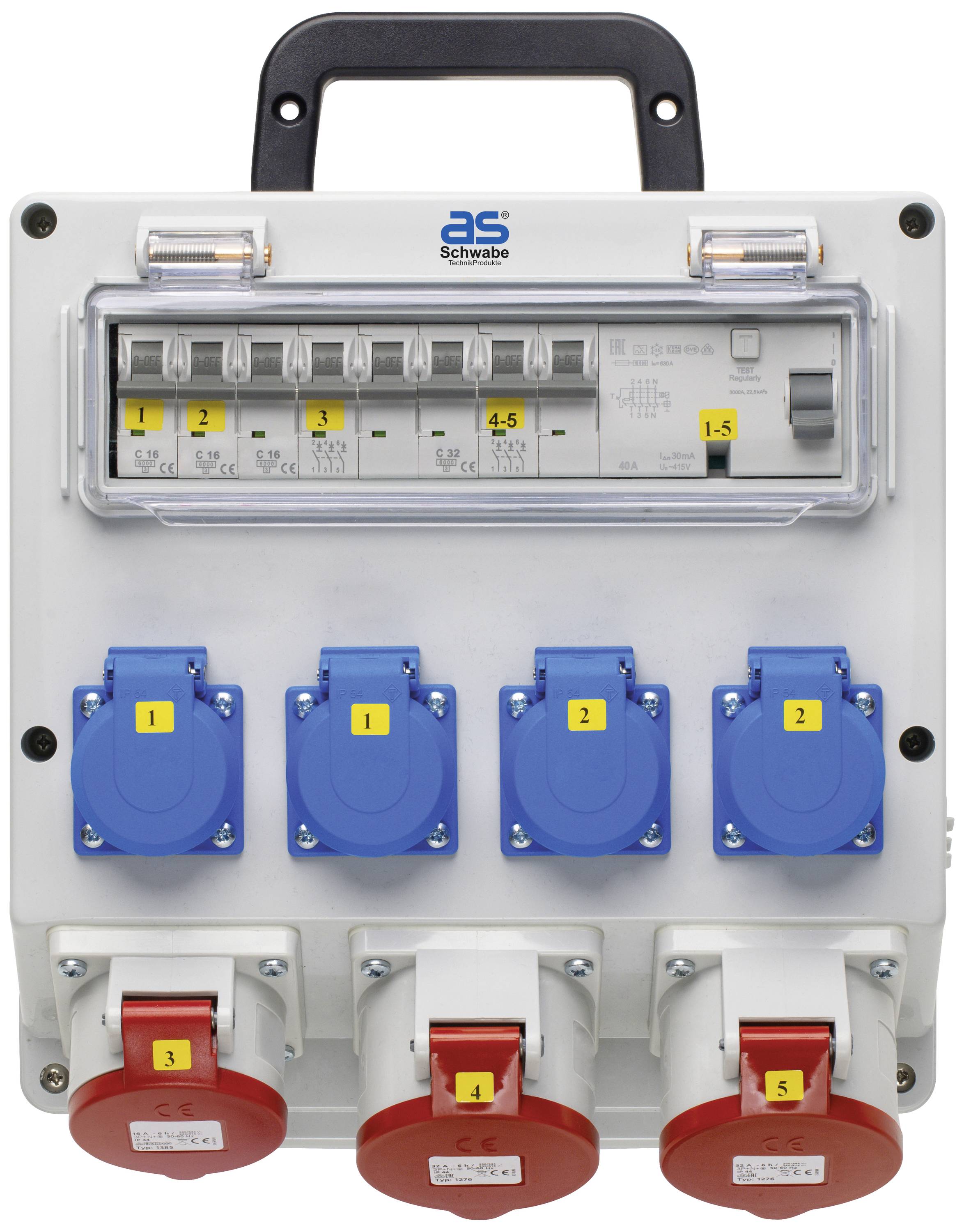 Elektromos elosztószekrény öt kék Schuko-dugaljjal és három piros IEC 60309-es csatlakozóaljzattal. Felül hat védőkapcsoló található.
