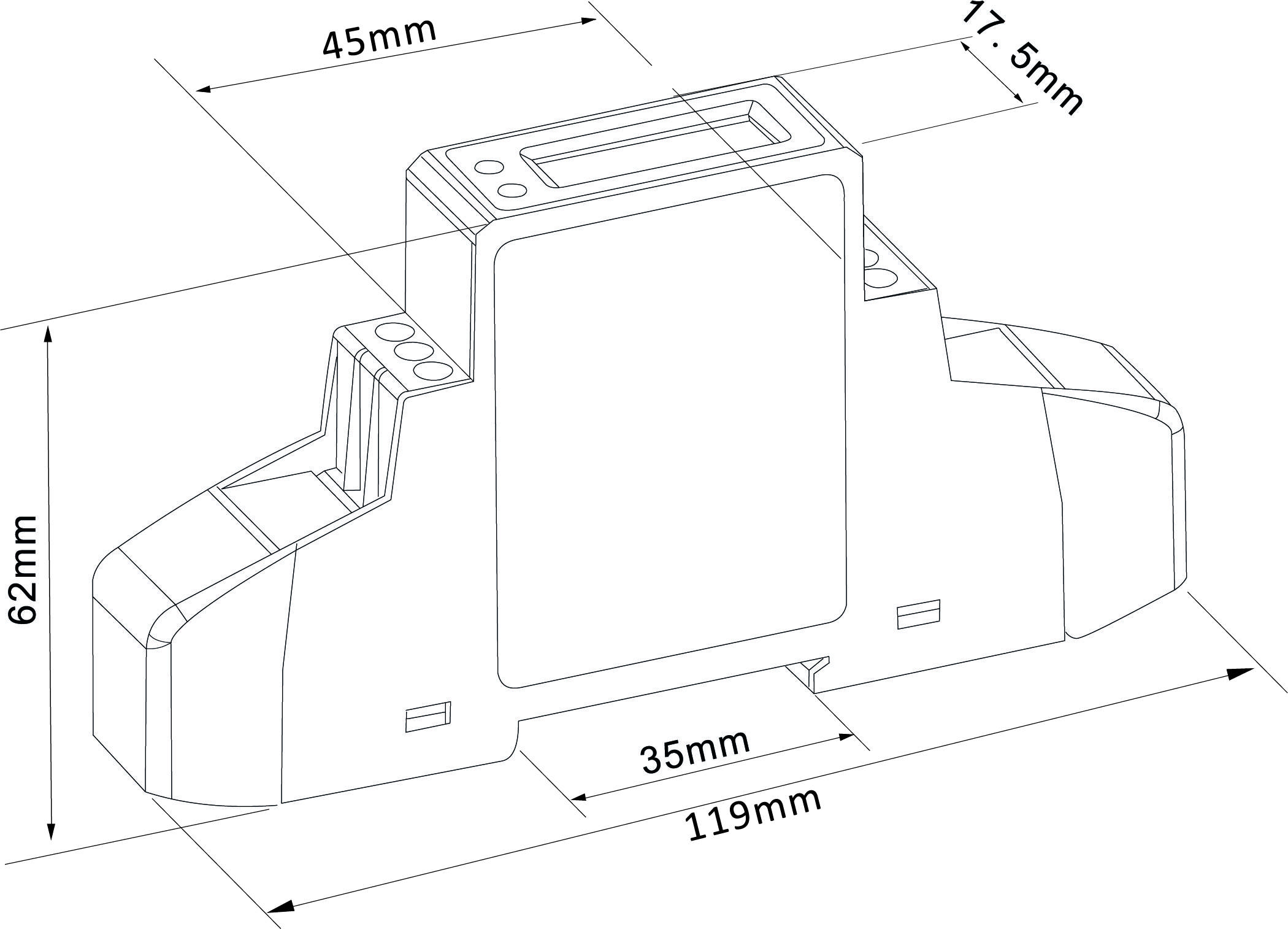 Műszaki rajz egy elektronikai eszközről méretekkel: 119 mm szélesség, 62 mm magasság, 45 mm és 35 mm mélység.