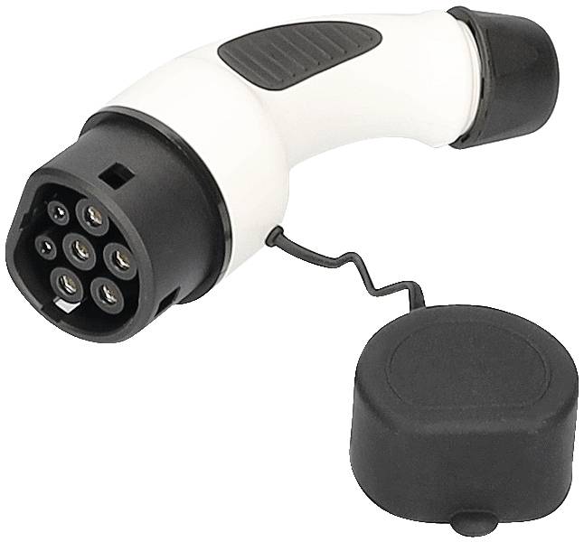 Egy fehér és fekete csatlakozó hét nyílással, amelyet jellemzően elektromos járművek töltésére használnak, levehető védőfedéllel.