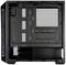 Fekete számítógépház, kinyitva, több meghajtóhelyet és egy fő rekeszt mutat az alaplap számára, jól szellőzött kialakítással.