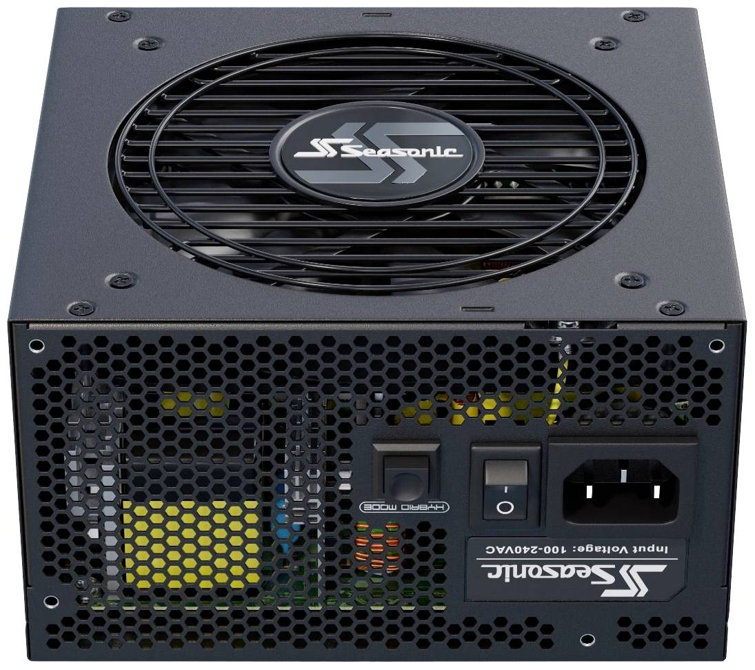 Seasonic tápegység ventilátorral felül, hálózati kapcsolóval és tápcsatlakozóval elöl.