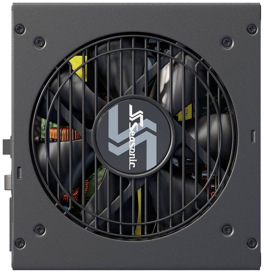 Egy fekete számítógép tápegység nagy ventilátorral és középen a 'Seasonic' logóval. Láthatók az elektronikai alkatrészek a belsejében.