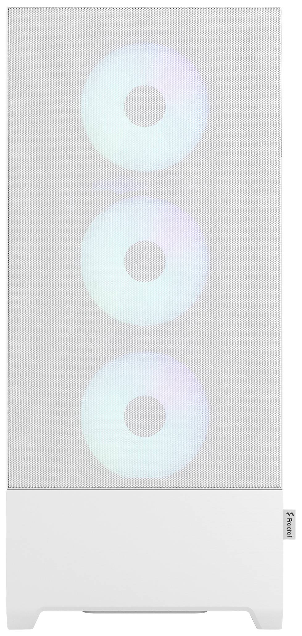 Egy fehér számítógépház három világító RGB-ventilátorral az előlapján.