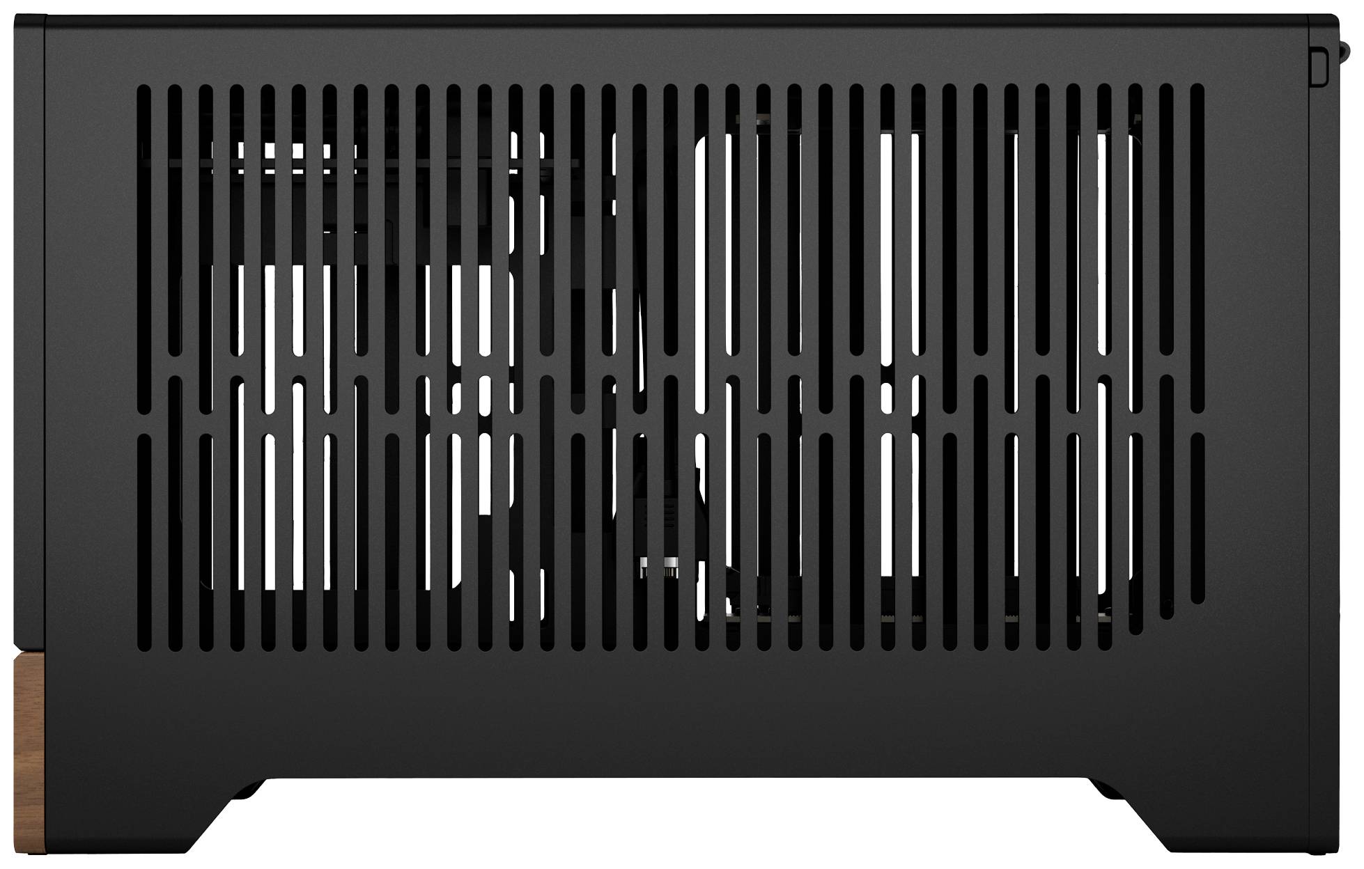 Egy fekete számítógépház függőleges szellőzőnyílásokkal, amelyben egy ventilátor van beépítve.