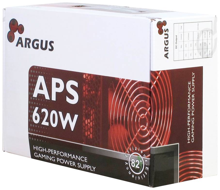 A Argus APS 620W nagy teljesítményű tápegységének fehér burkolata. Piros dizájn és 82%-os energiahatékonysági logó.