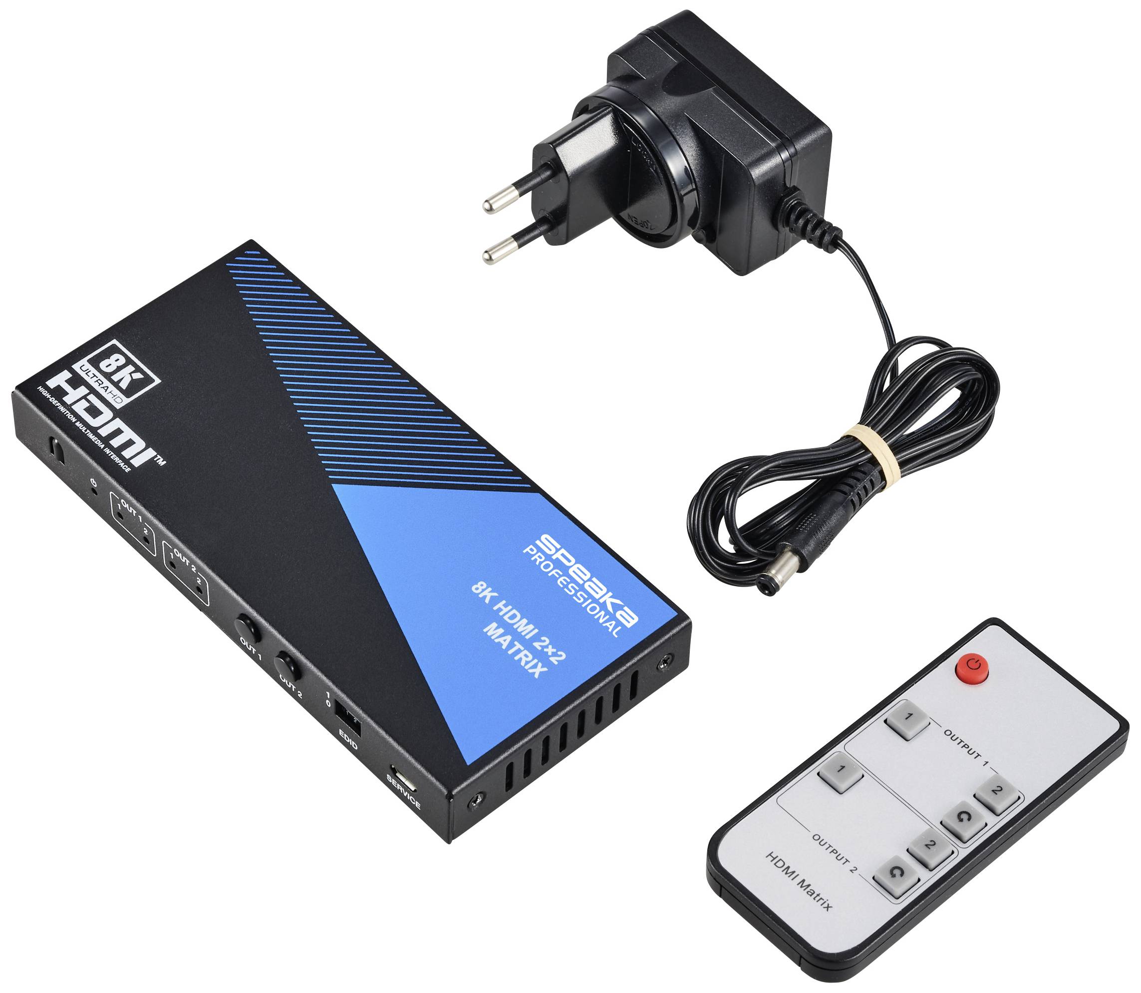 HDMI-mátrix kapcsoló tápegységgel és távirányítóval. Támogatja a 8K felbontást és lehetővé teszi a két HDMI-forrás közötti átkapcsolást.