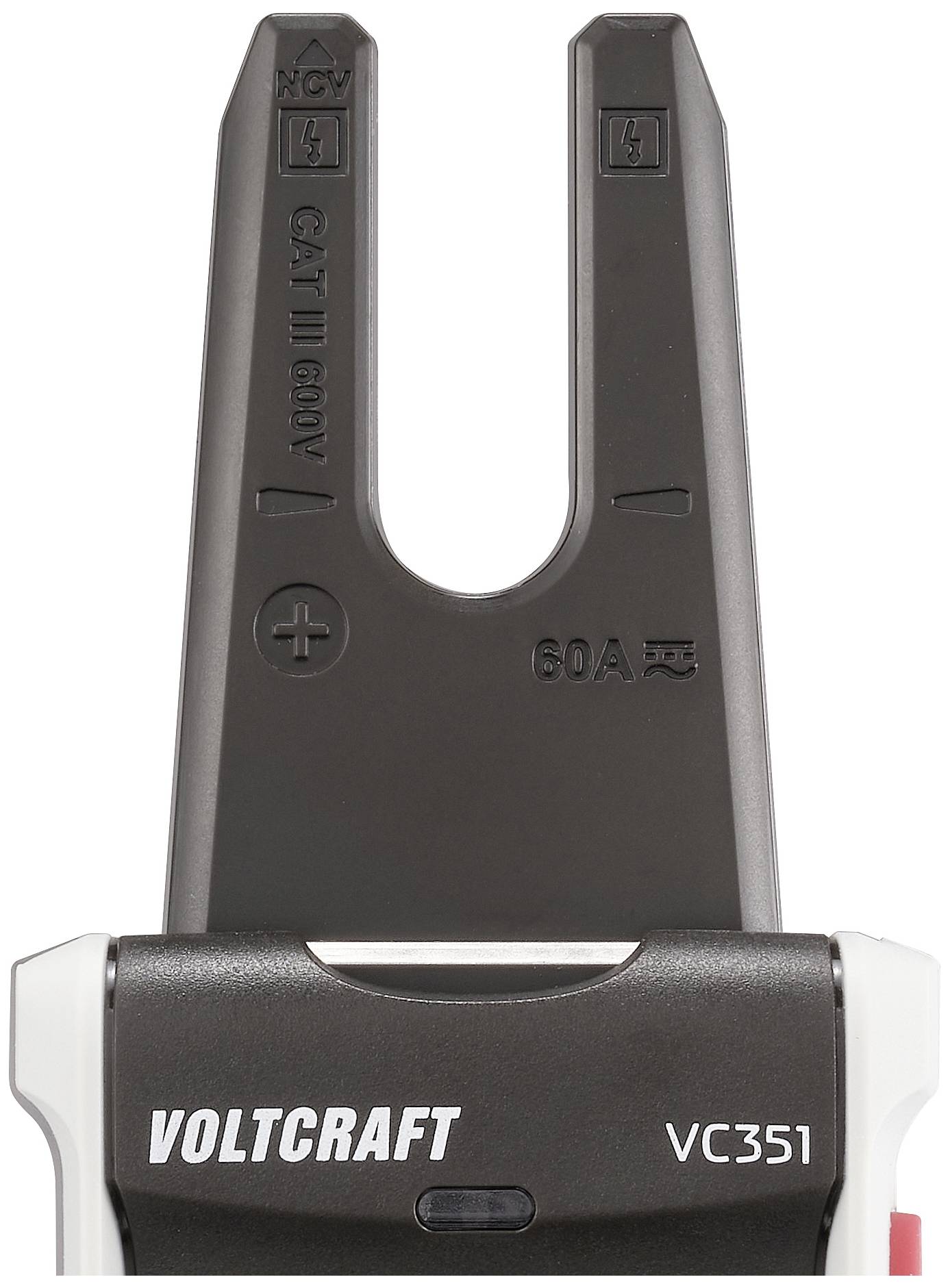 A 'Voltcraft VC351' feszültségvizsgáló kategóriát és feszültségkapacitást jelez. Fekete és fehér színű, plusz és mínusz jelzésekkel.