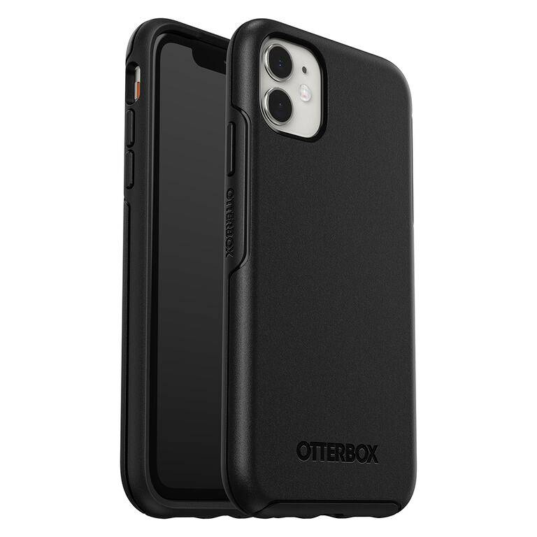 Két fekete OtterBox telefontok. Az egyik lapos, a másik függőlegesen áll. Egyszerű, modern dizájn.