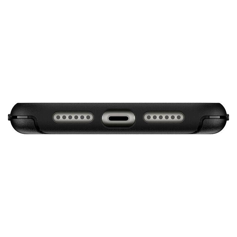 Egy okostelefon alsó felülete USB-C csatlakozóval, bal és jobb oldalán hangszórónyílásokkal.