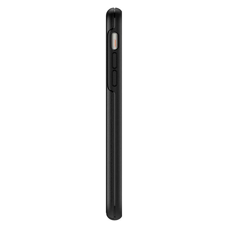 Egy fekete mobiltelefon oldalnézete, narancssárga kiemelés a hangerőszabályzón.