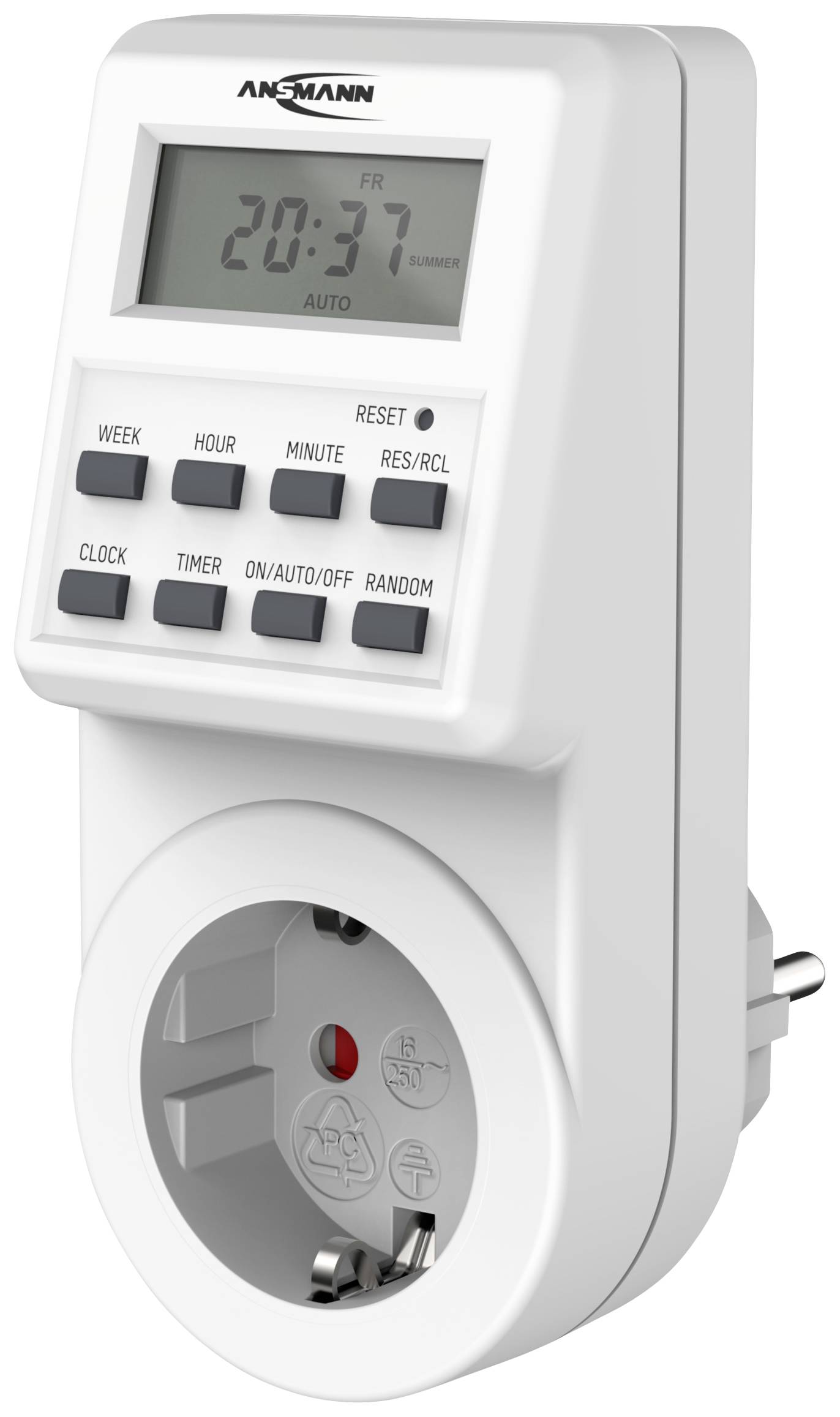 Elektronikus időkapcsoló LCD-kijelzővel mutatja a '20:37' időpontot. A készülékek programozhatók automatikus be- és kikapcsolásra.