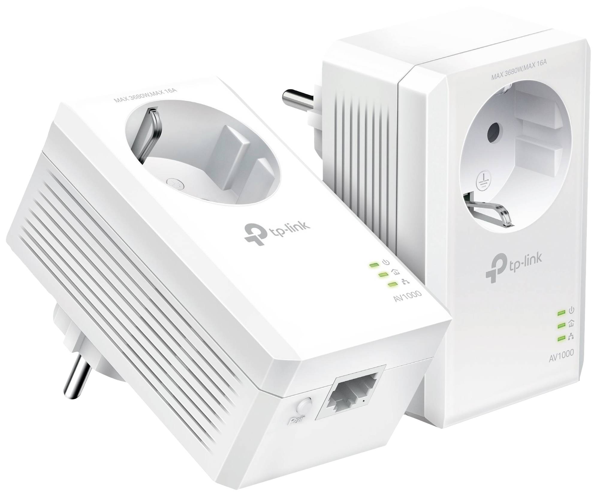 Két fehér TP-Link Powerline adapter áll egymás mellett, mindegyik beépített hálózati csatlakozóval és Ethernet-porttal. Tökéletes megoldás hálózati kapcsolatok áramvezetékeken történő kialakítására.
