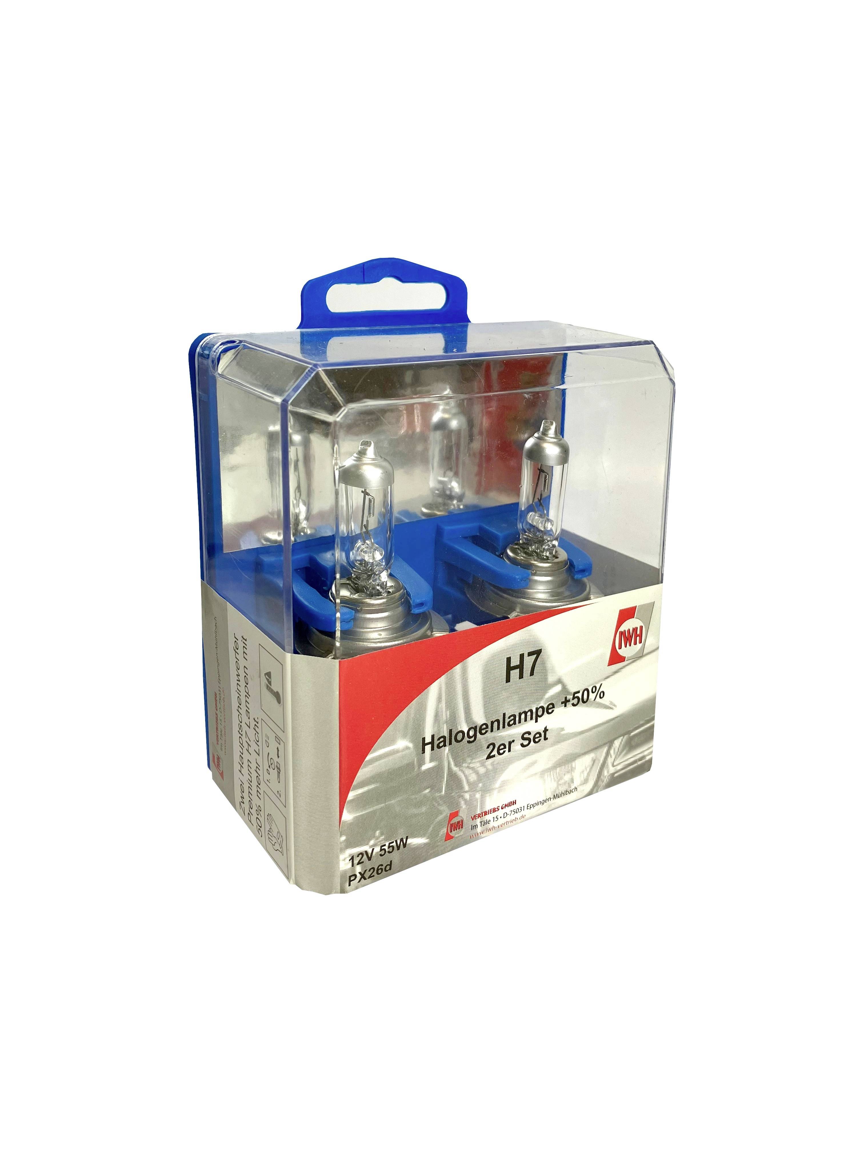 Két darab H7 halogénlámpa csomag, 12V/55W. Felirat: 'Halogénlámpa +50% 2 darabos szett'. Átlátszó műanyag doboz kék betéttel.