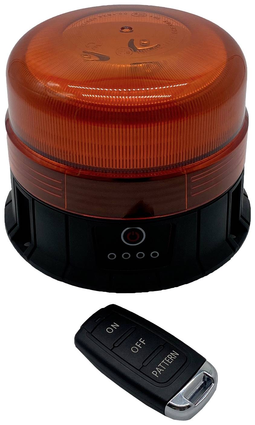 Narancssárga figyelmeztető lámpa fekete alappal és távirányítóval. A távirányítón 'BE', 'KI' és 'MINTA' gombok találhatók.