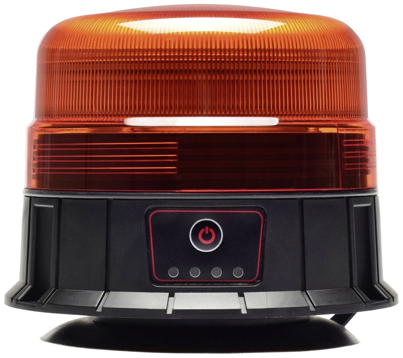 Piros figyelmeztető lámpa fekete alaprésszel és elöl elhelyezett be-/kikapcsolóval, veszély vagy riasztás jelzésére használva.