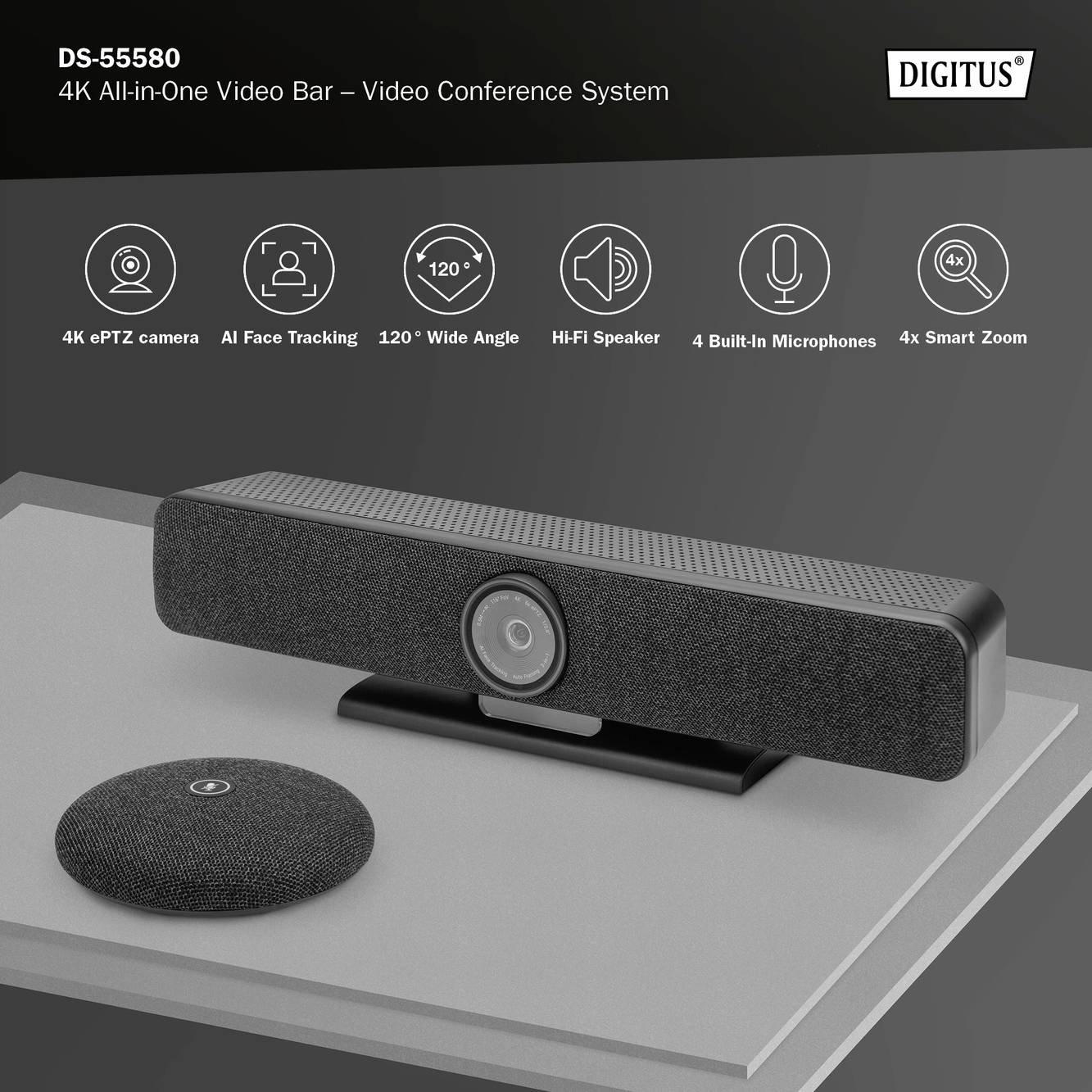 Egy 4K videósáv kamerával, mikrofonokkal, arcfelismeréssel és intelligens zoommal; ideális videokonferenciákhoz és prezentációkhoz.