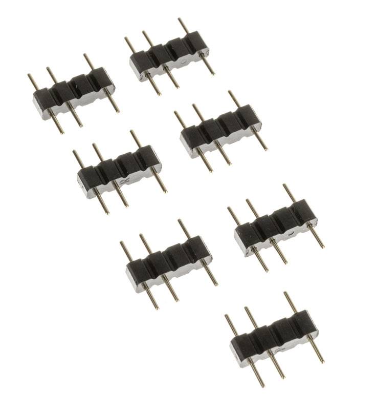 Nyolc fekete pin-header elrendezése, egyenként három fémcsatlakozóval, egyenletesen elosztva egy fehér háttéren.