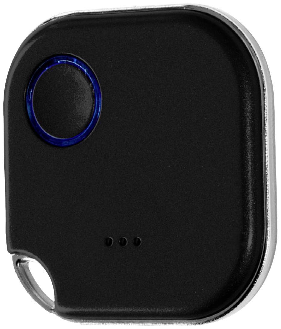 Egy fekete téglalap alakú Bluetooth-nyomkövető, kerek kék gombbal és egy kis lyukkal a sarokban a rögzítéshez.