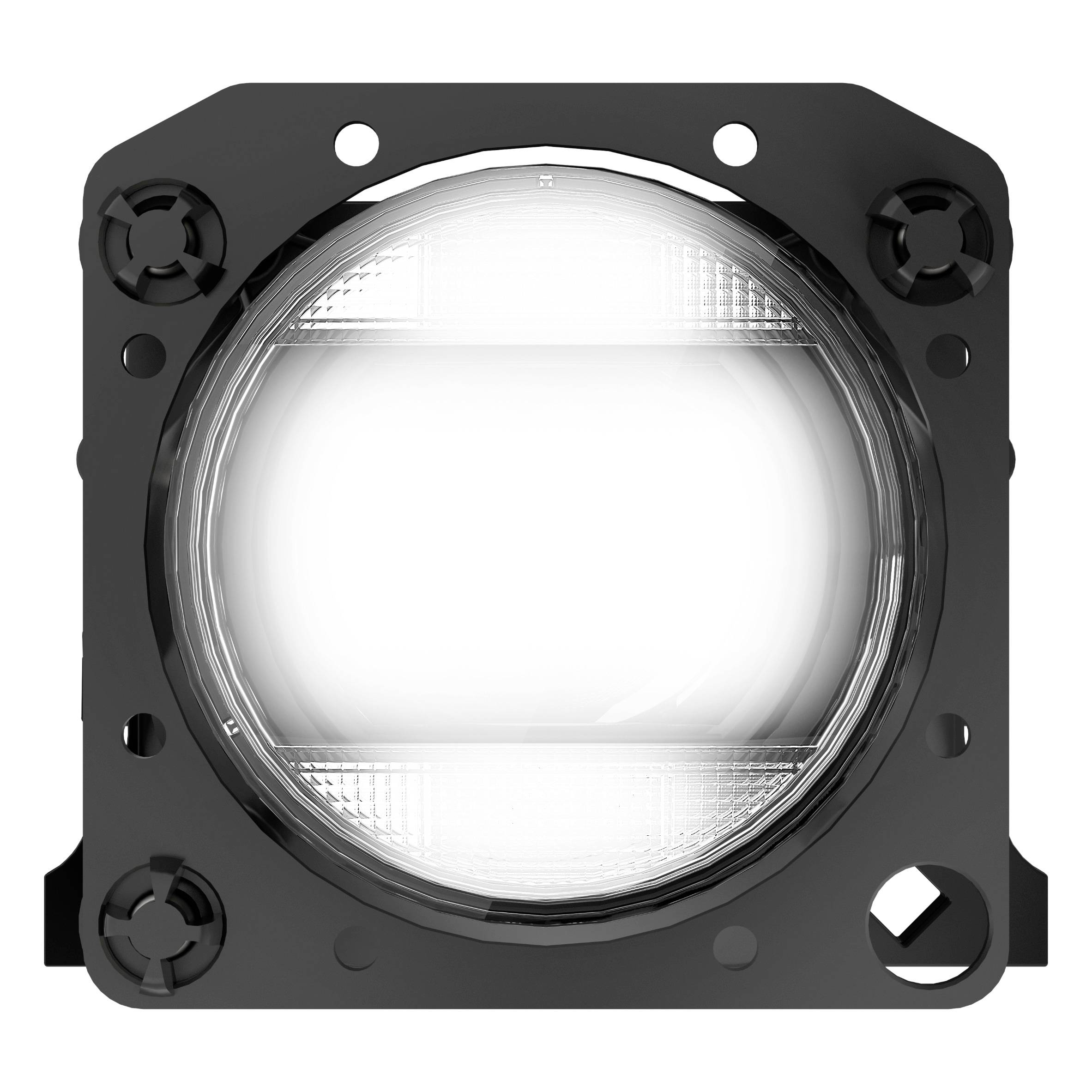 Egy kerek, fehér LED-reflektor négy négyzet alakú rögzítési ponttal fekete háttér előtt.