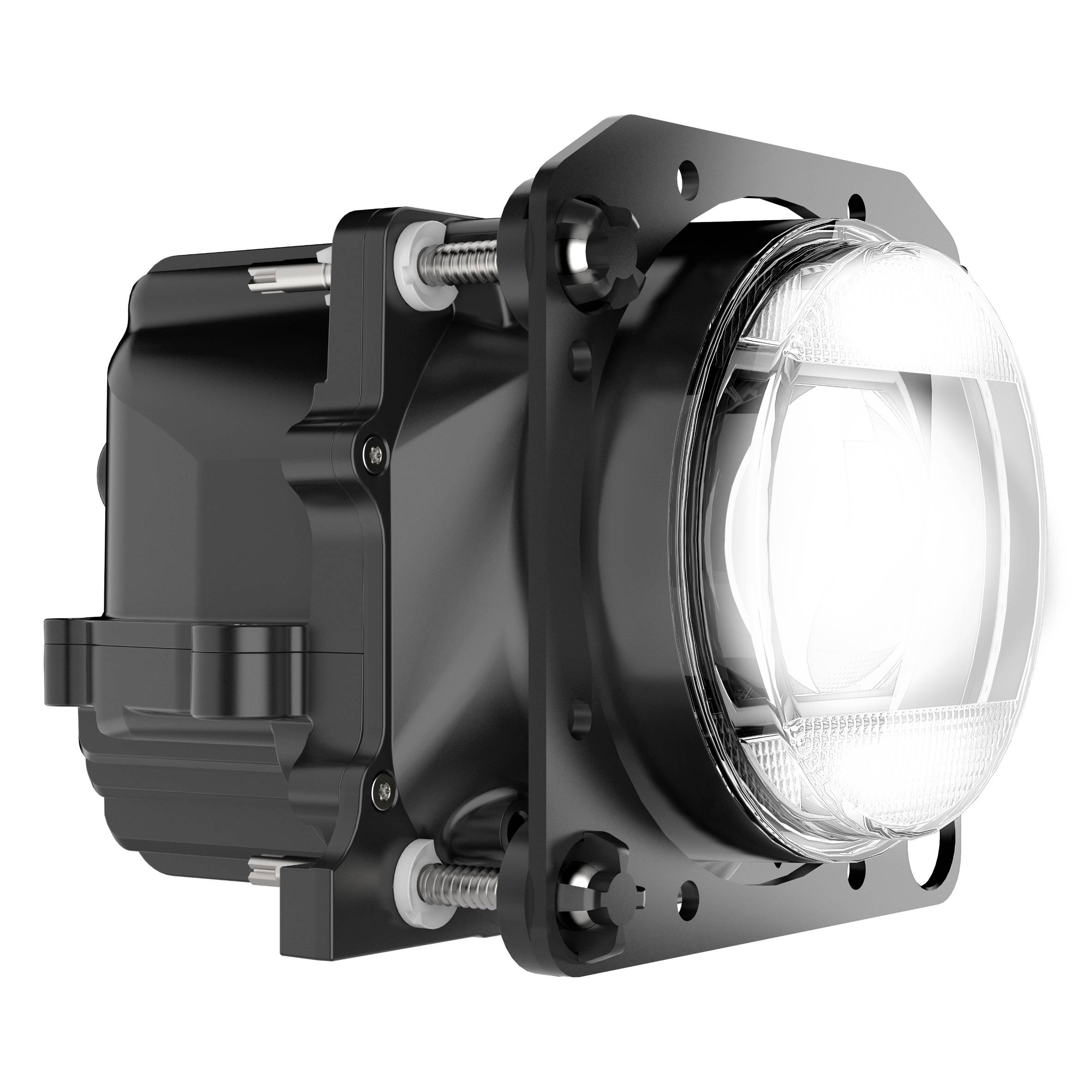 Egy fekete házba szerelt téglalap alakú LED-reflektor, oldalról nézve, átlátszó üvegbúrával.