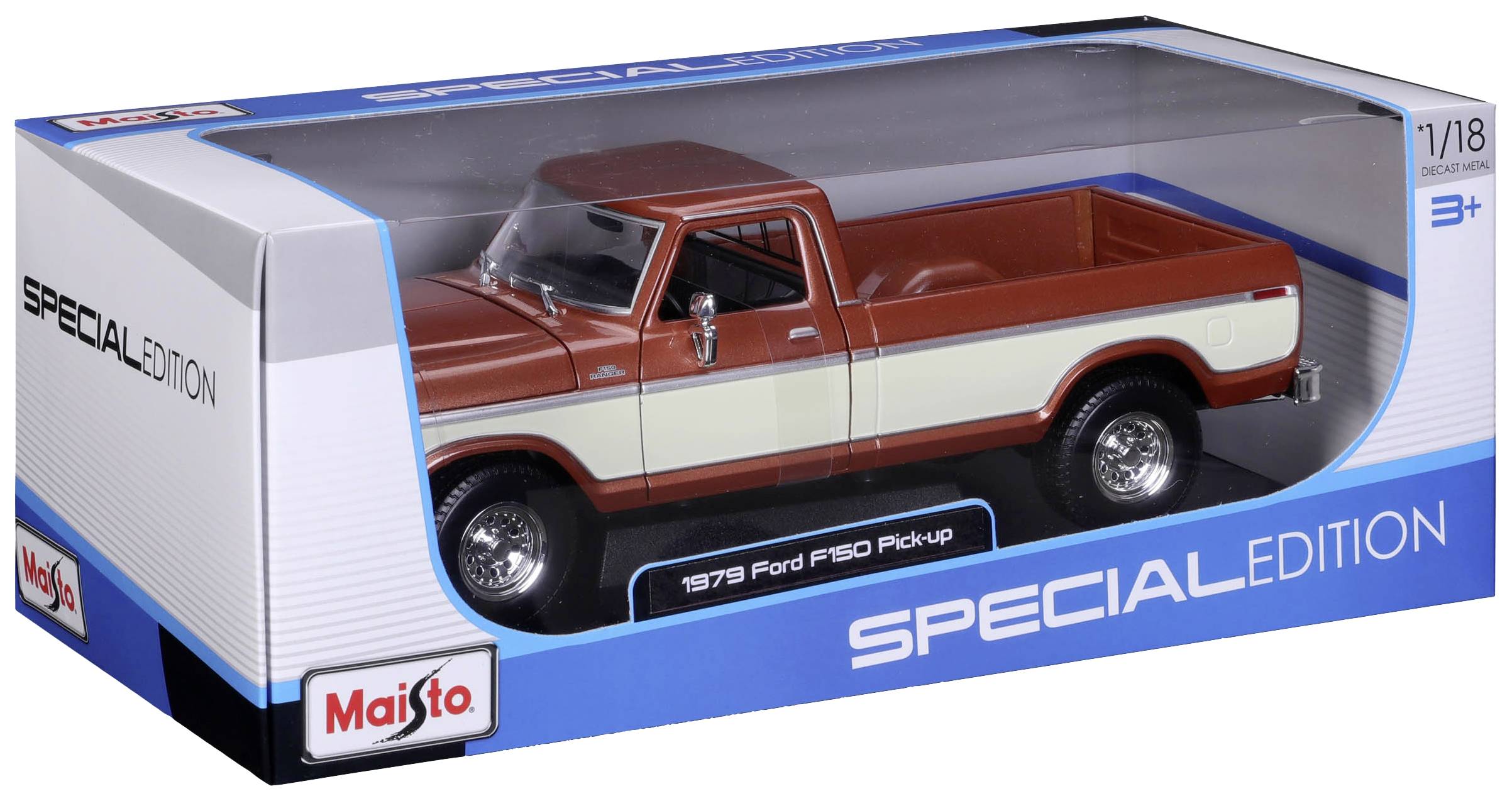 Maisto különkiadású csomagolásban lévő 1979-es Ford F150 pickup terepjáró játékmodell, 3 éves kortól ajánlott.