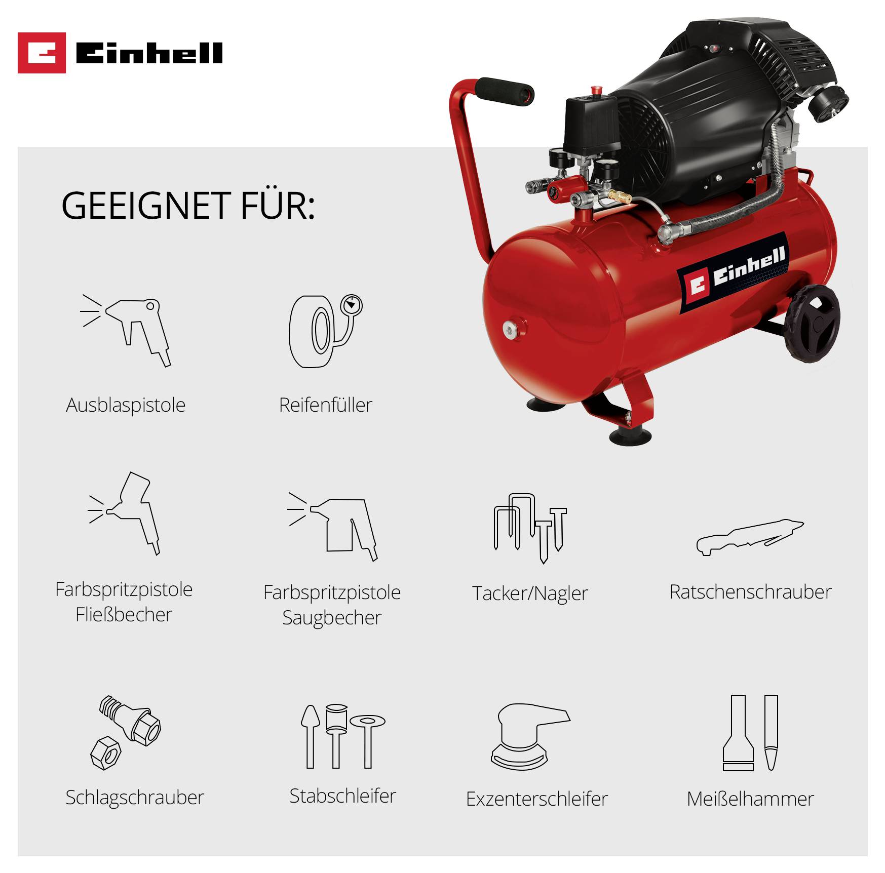 Einhell-kompresszor piros tartállyal és fekete motorral; alkalmas légpisztoly, gumiabroncs-töltő, festék- és szögesvető szerszámok, valamint csiszoló és vésőkalapács számára.
