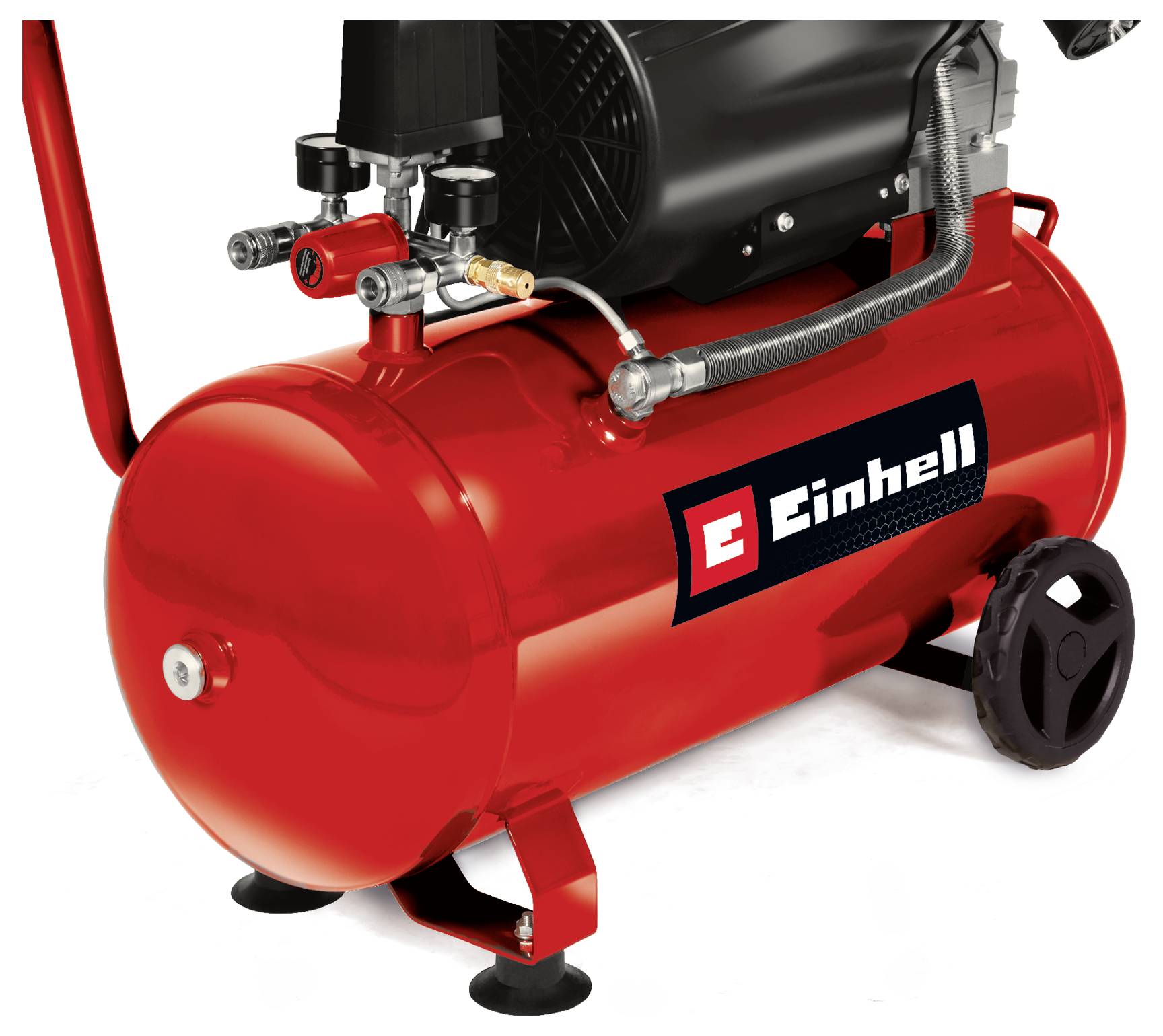 Piros Einhell légkompresszor tartállyal, motorral és kerekekkel fehér háttéren.