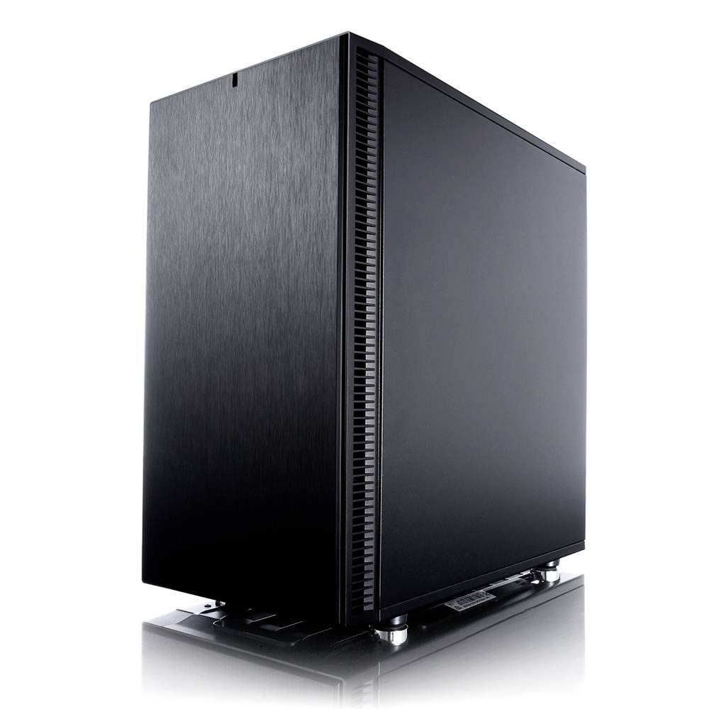 Egy fekete számítógépház minimalista dizájnnal felállítva, oldalról és elölről is látható.