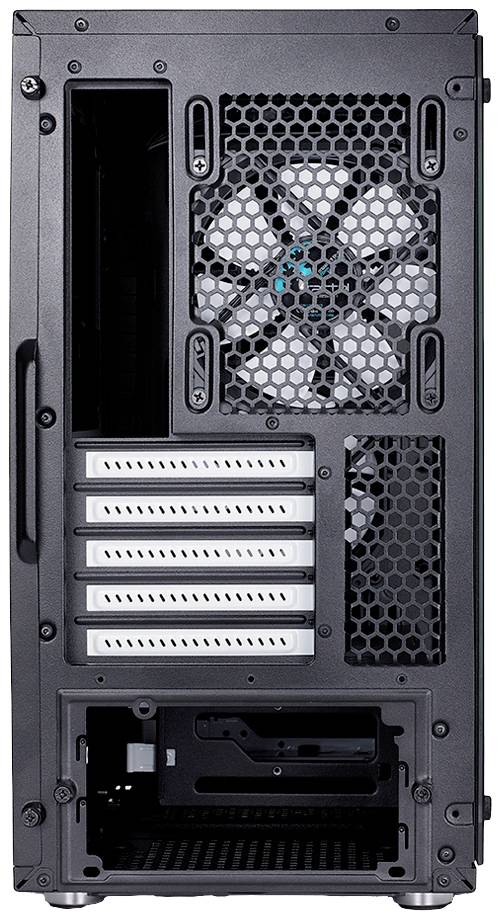 Egy számítógépház hátoldala ventilátorral, bővítőhelyekkel és tápegység-térséggel.