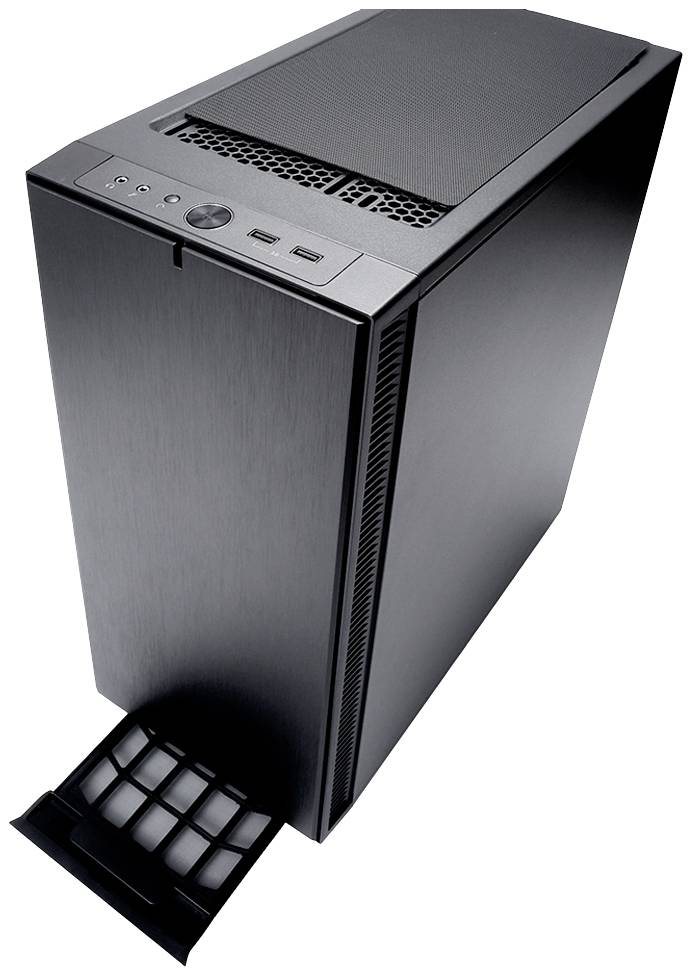 Fekete számítógépház levehető előlappal és szellőzőnyílásokkal. A tetején USB-csatlakozók és a bekapcsológomb látható.