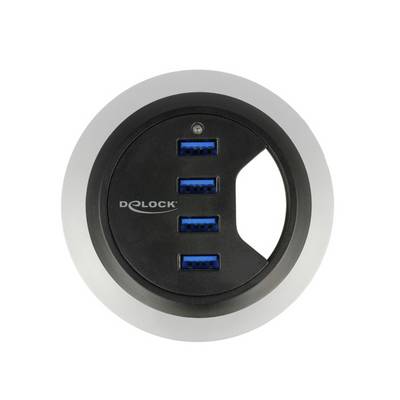 Négycsatlakozós elosztó négy kék USB-porttal és fekete műanyag házzal, amelyet ezüst gyűrű vesz körül.