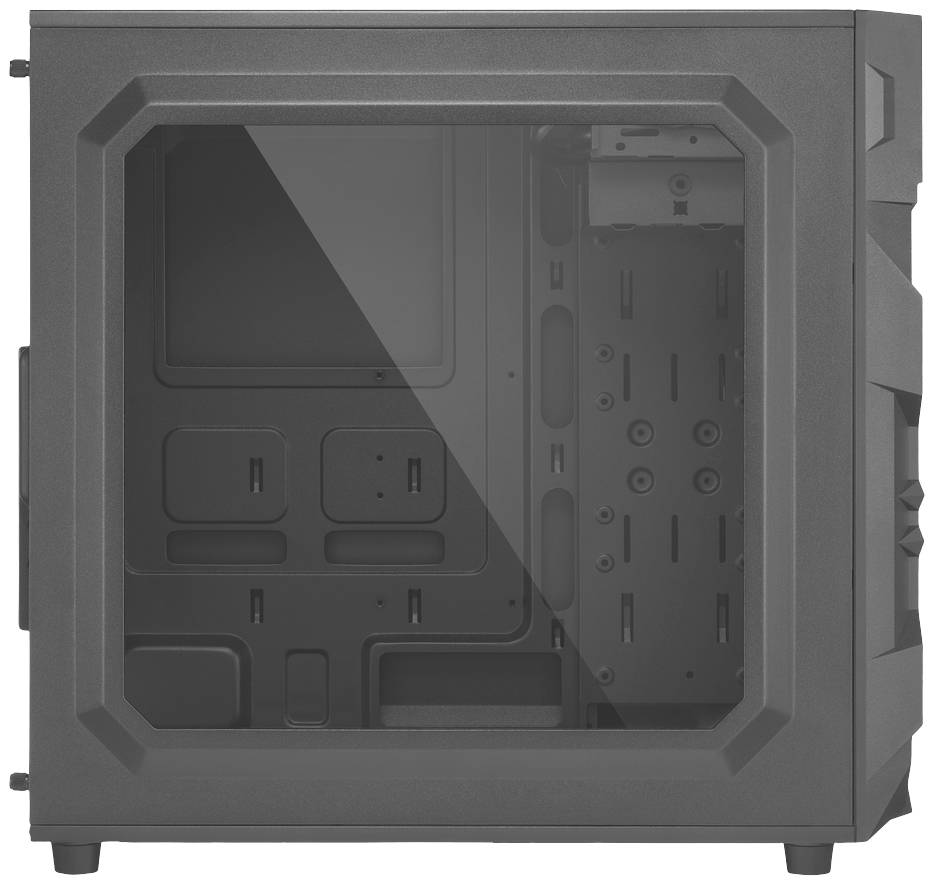 Számítógépház oldalsó betekintő ablakkal; hardver komponensek nélkül, üres belső keretet és tartókat mutat.