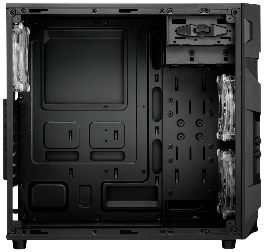 Fekete számítógépház nyitott oldalpanellel, üres belsőteret mutat hardverkomponensek és ventilátorok tartóival.