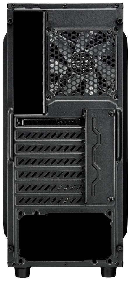 Egy fekete számítógépház hátulja több szellőzőnyílással és egy beépített ventilátorral bal felül.