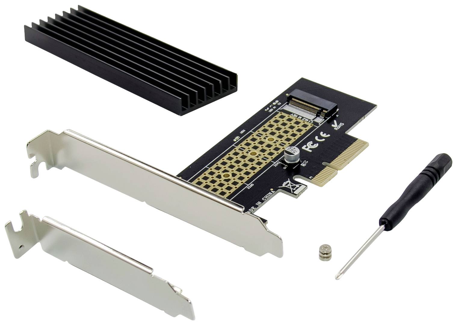 M.2 SSD telepítésére szolgáló PC-bővítőkártya hűtőbordával, két tartóval, csavarral és csavarhúzóval.