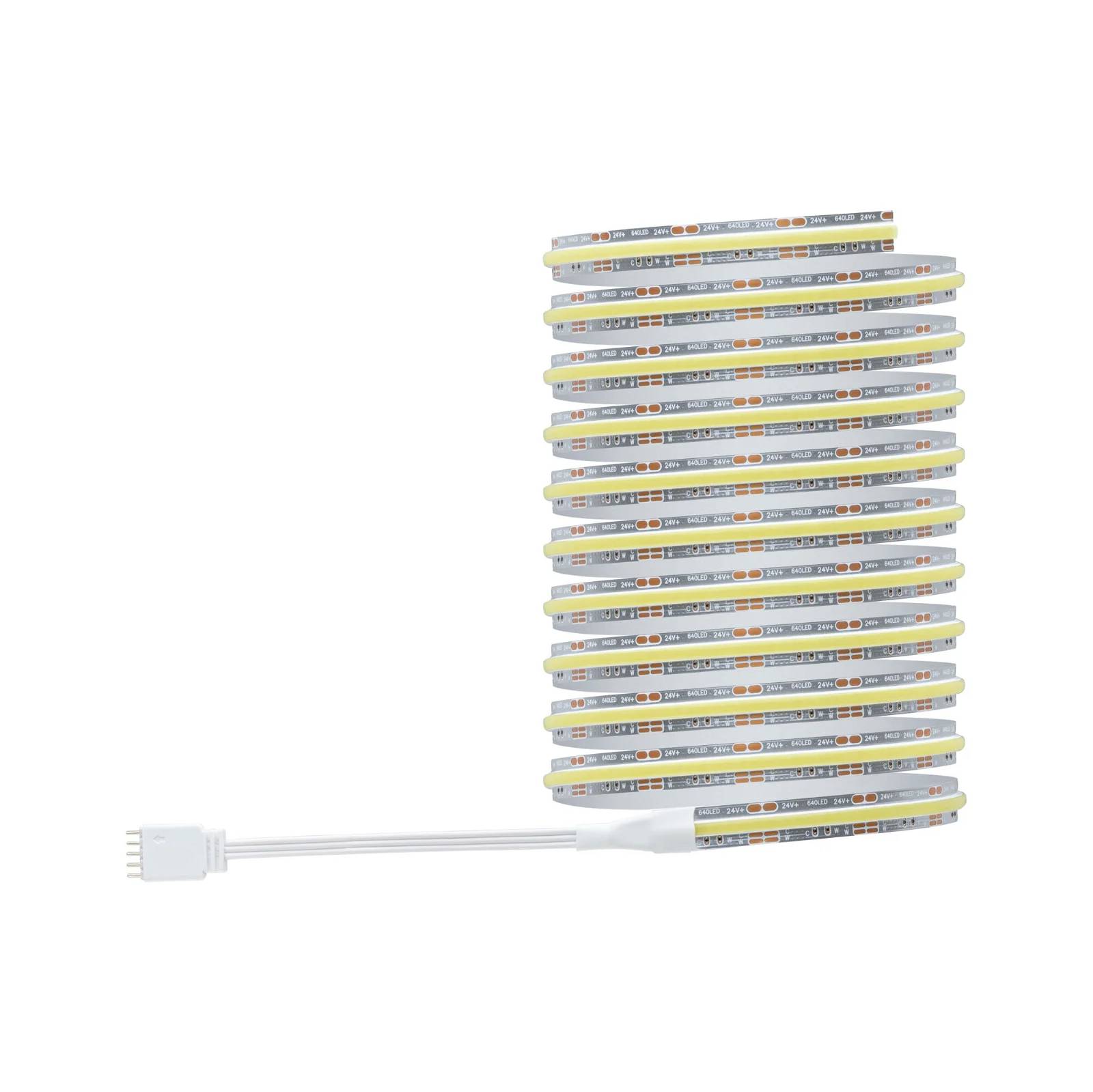 Egy LED-szalag kompakt, spirális elrendezésben. Baloldalon egy négypólusú csatlakozódugó az áramforráshoz történő csatlakoztatáshoz.